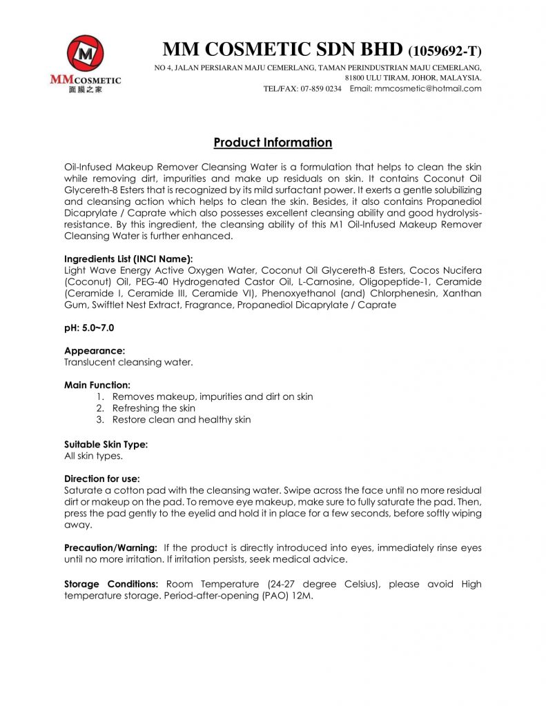 Product Information M1 N RD140F1 OIL INFUSED MAKEUP REMOVER CLEANSING WATER 1