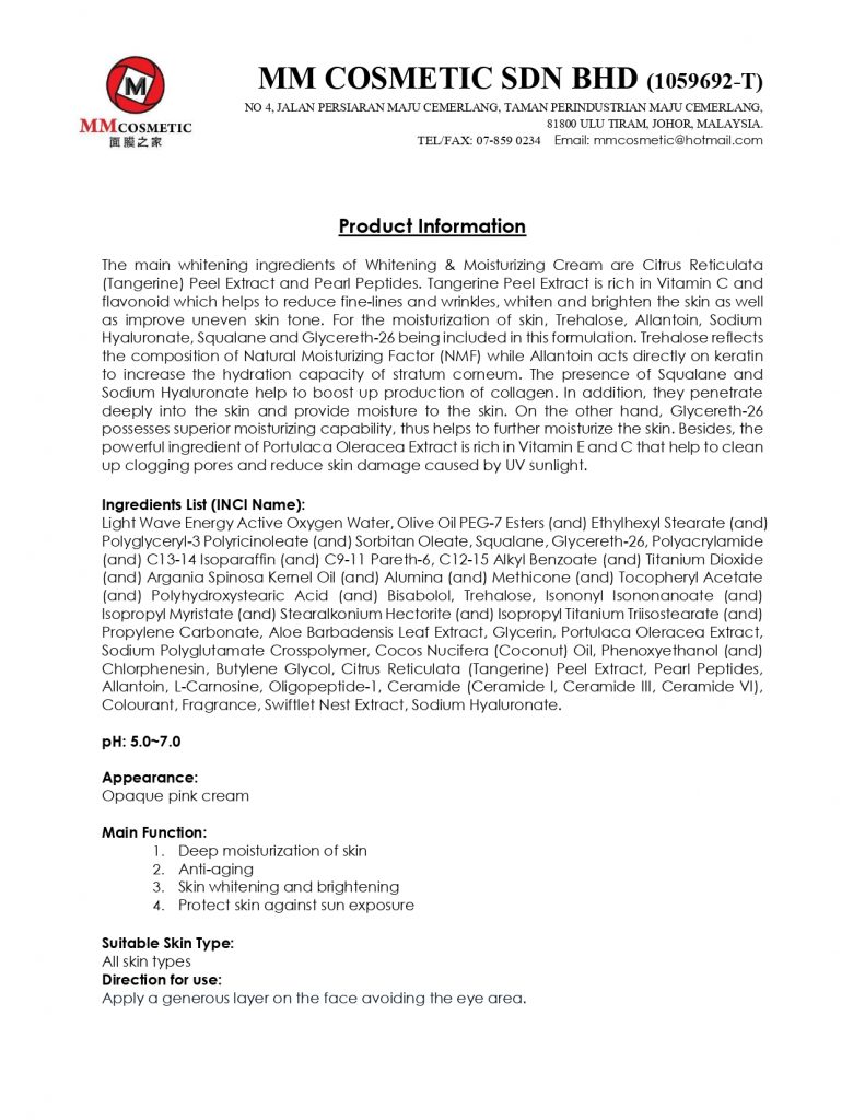 Product Information M8 N RD149F5 WHITENING MOISTURIZING PINK CREAM Page 0001